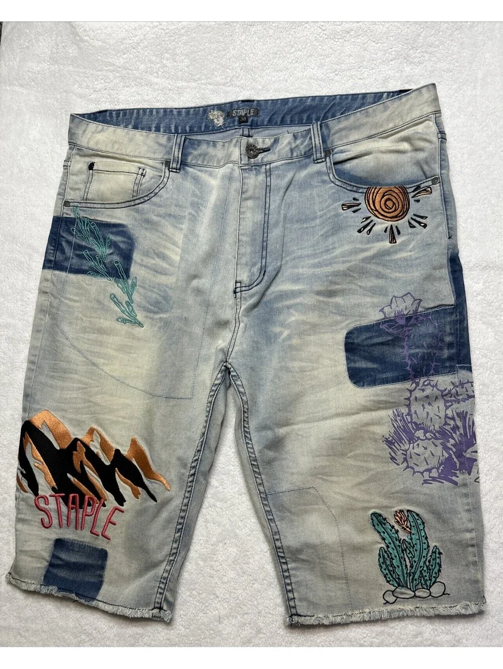 Staple Pigeon Blue Distressed Embroidered Design Bermuda Denim Shorts Mens 38